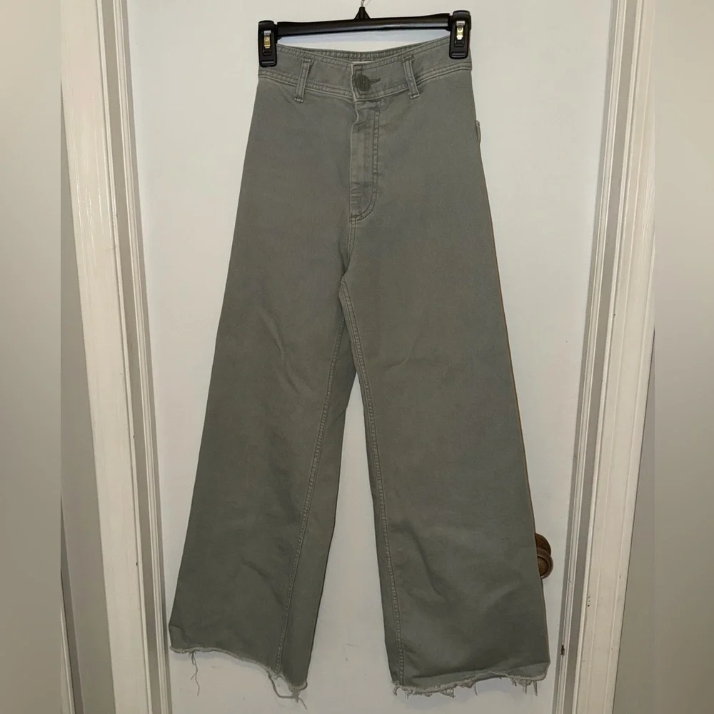 ZARA Olive Green High Rise Wide Leg Cropped Jeans Raw Hem Size 2 - Picture 10 of 10